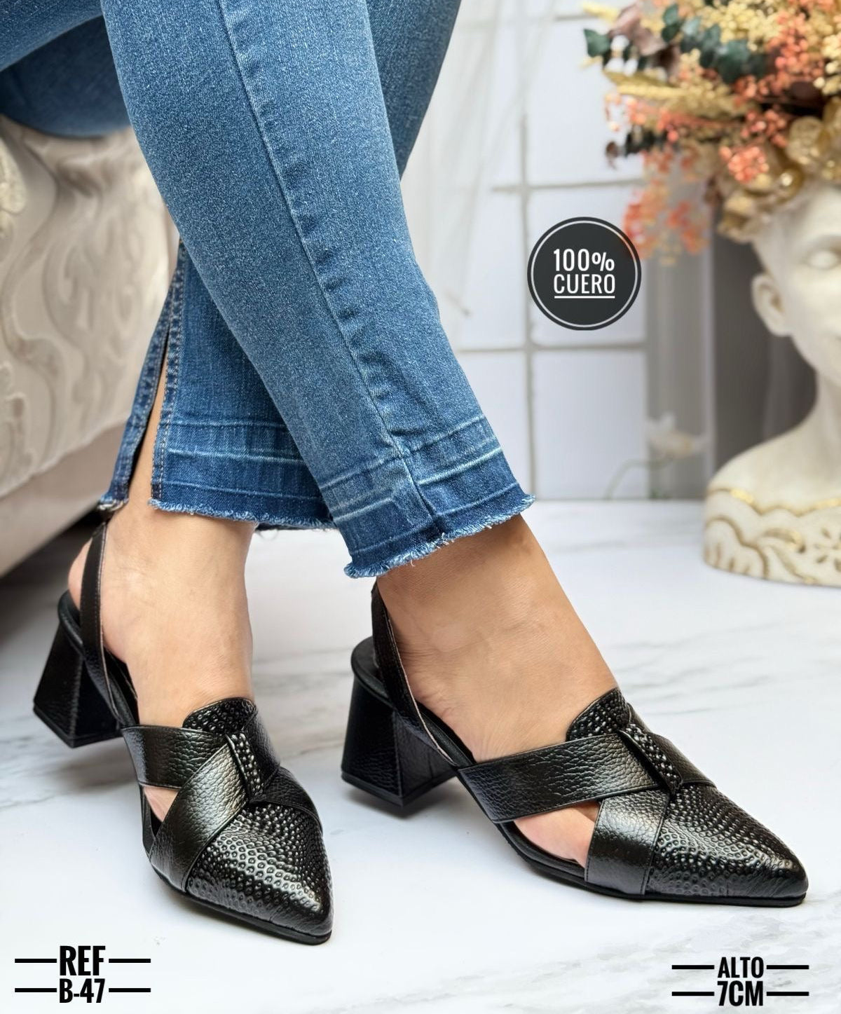 Tacón Cuadrado Cuero